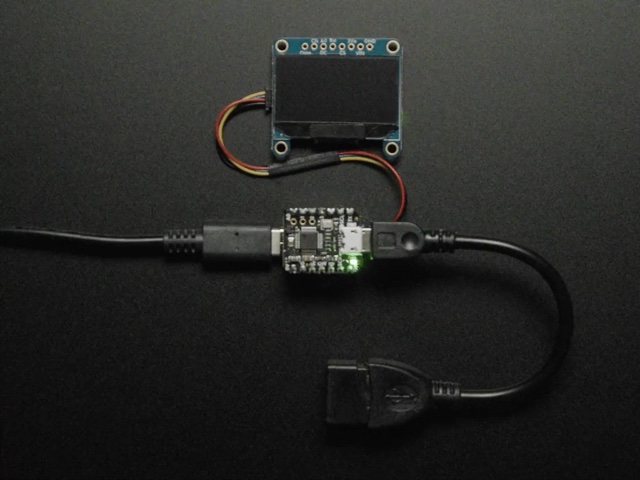 The USB Host BFF on a small board, with an OTG cable and a display connected.