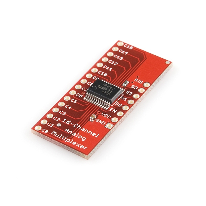 The red SparkFun CD74HC4067 16-channel analog multiplexer breakout board.