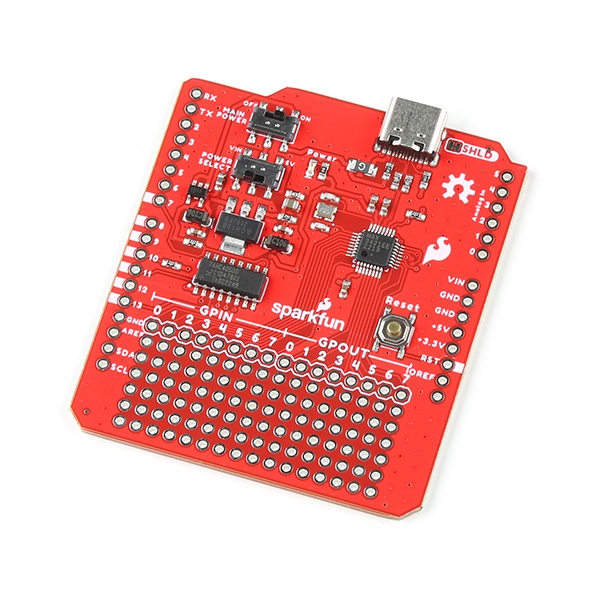 The red SparkFun USB-C Host Shield: an Arduino-shaped board with a USB-C socket at one corner, a square controller chip in the middle and a grid of prototyping holes.