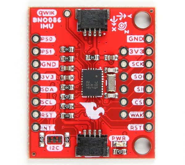 The BNO086 breakout from above: a red square board with the sensor chip in the middle, a Qwiic connector at the top and bottom, and pins down both sides labelled PS0, PS1, GND, 3V3, SDA, SCL, RST and INT on the left and GND, 3V3, SCK, SO, SI, CS, WAK and RST on the right.